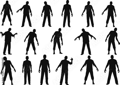 Large Vector Set of Scary Zombie Silhouettes Isolated on White Background Illustrating Undead Monsters in Various Terrifying and Grotesque Walking Poses