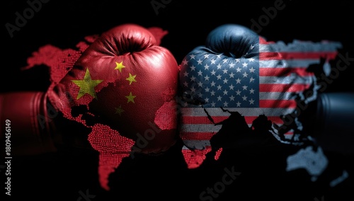 World map silhouettes are partially covered by boxing gloves representing two global powers