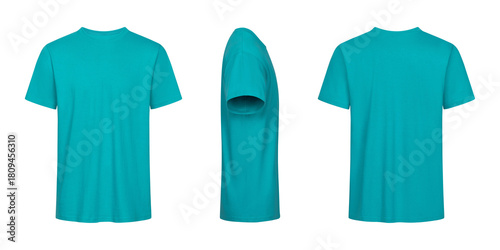 Teal t shirt mockup front side and back views on white background
