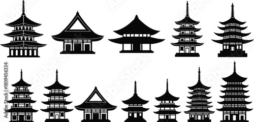 Set of Traditional East Asian Pagoda and Temple Silhouettes Vector Collection Illustrating Historic Architecture and Zen Spiritual Building Designs