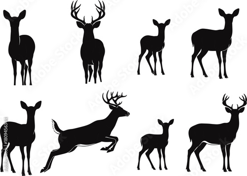 Majestic Black and White Deer Family Silhouettes Set: Stag, Doe, Fawn, Running, Standing, Forest Wildlife Icon Vector Collection Isolated.