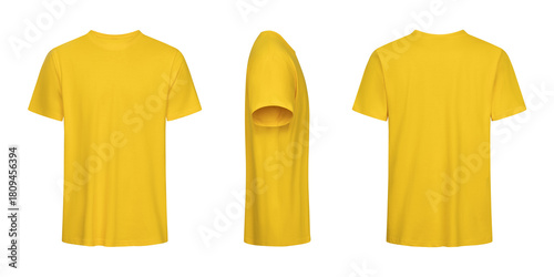 Yellow tshirt mockup three views front side and back isolated