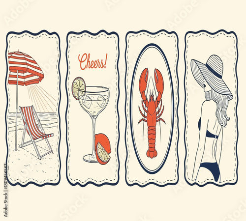 Illustration of handdrawn summer icons featuring beach scenes, cocktails, lobster, and a woman in a bikini, creating a vintage and playful design isolated on white background