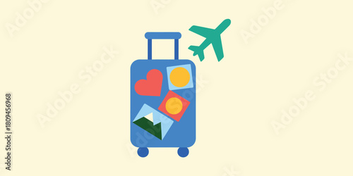 A blue suitcase with stickers and a green airplane flying next to it on a light beige background