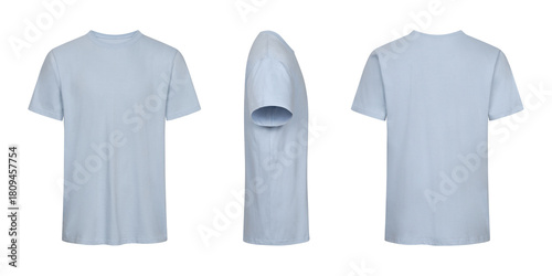 Plain light blue t shirt mockup template front back and side views