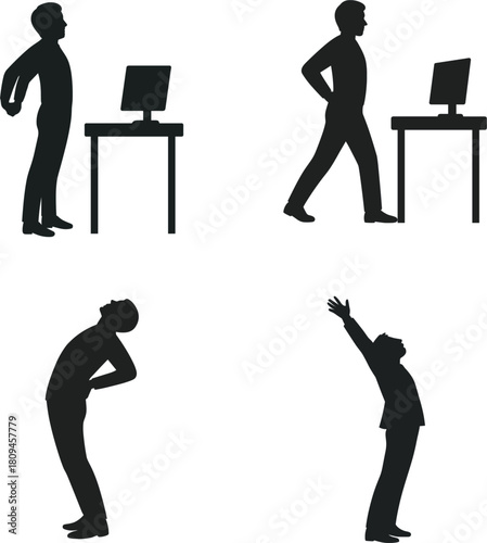 Office worker stretching after long work silhouette Four black silhouette figures stretching and reaching near desks with computers