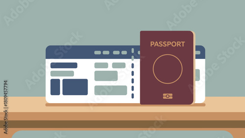 A passport and two tickets sitting on a wooden surface in a stylized cartoon illustration style