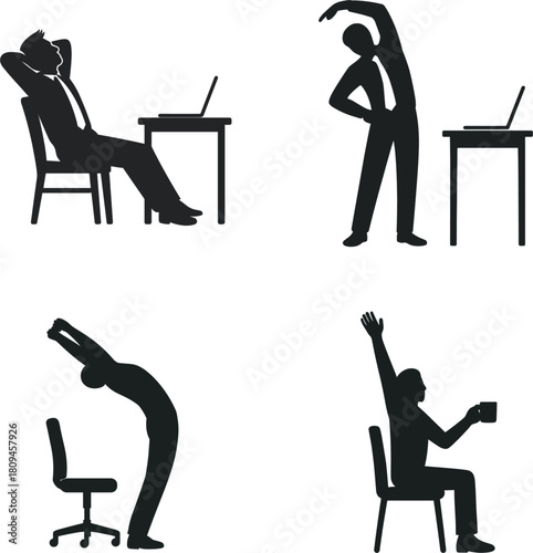 Office worker stretching after long work silhouette Four silhouette figures in office settings performing various activities