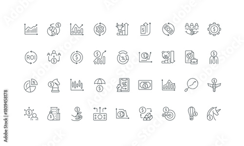 Economy and financial profit growth thin black and red outline symbols vector illustration Investment, investors capital and strategy, stock market analysis and trade, dividends line icon set.