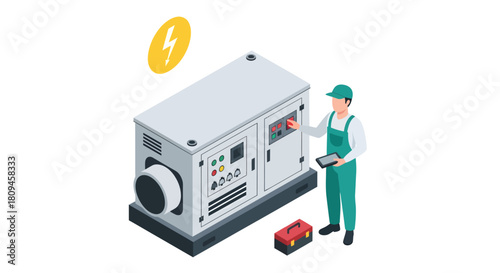 Isometric vector illustration of a technician in green overalls operating an industrial power generator, holding a tablet to monitor electrical output and system maintenance