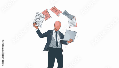 Faceless Office Worker Juggling Documents and Laptop – Multitasking Vector Illustration