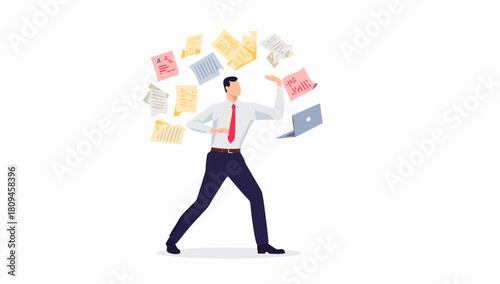 Faceless Office Worker Juggling Documents and Laptop – Multitasking Vector Illustration