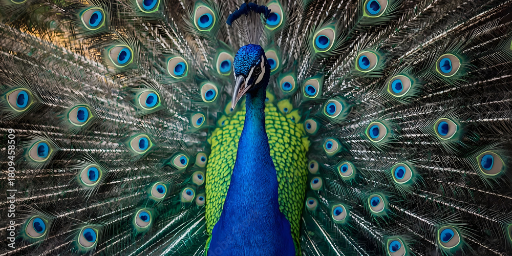 Obraz premium A vibrant peacock spreading its colorful feathers in full display.