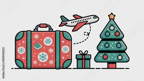 A christmas themed illustration showing a suitcase, airplane, gift and christmas tree icon vector