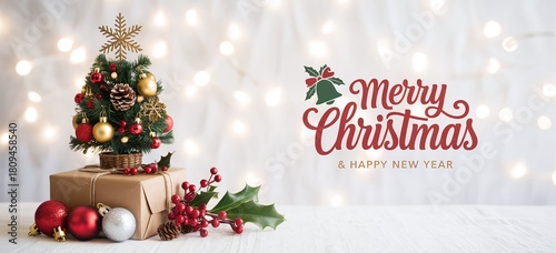 "Festive Christmas Scene with Decorated Tree, Gifts, and Warm Holiday Greetings"