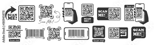 Qr code and barcode icons with mobile device, minimal vector illustration, clean outline style on transparent background