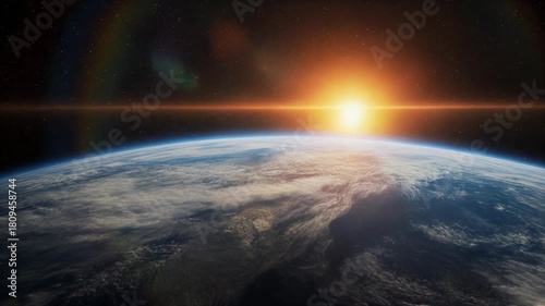 Earth view from space at sunrise with clouds and atmosphere in cosmic background
