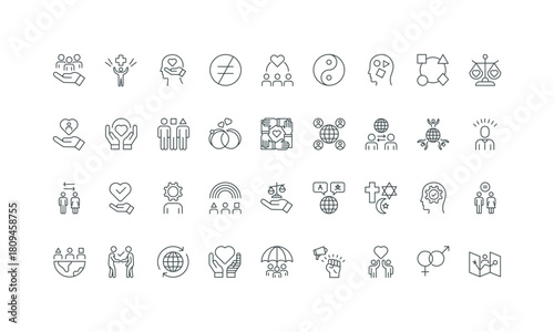 Collaboration and unity of community thin black and red outline symbols vector illustration Diversity, society support for diverse group of different people, equity, responsibility line icon set.