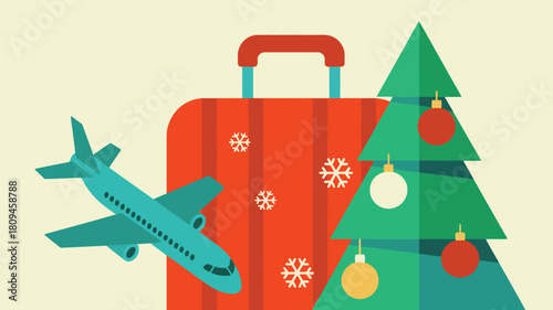 A christmas travel illustration with a suitcase, airplane, and decorated christmas tree on beige background