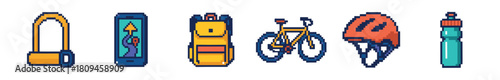 A collection of pixel art icons for cycling, including a bicycle, helmet, lock, smartphone, backpack, and water bottle, designed in a retro 8-bit video game style