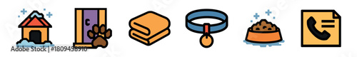 Colorful pet care icons including a doghouse, paw print, blanket, collar, food bowl, and contact symbol, all designed in a modern flat line art illustration style