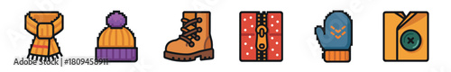 A collection of colorful pixel art winter clothing and accessories including a scarf, hat, boot, zippered jacket, mitten, and buttoned coat, presented in a cheerful, flat illustration style