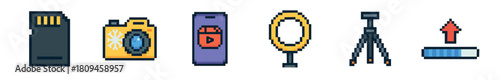A set of pixel art icons showing photography and videography equipment like a camera, memory card, tripod, ring light, and remote control in a retro 8-bit video game aesthetic