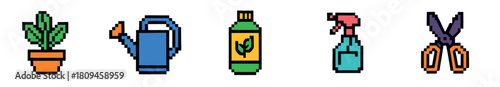 A vibrant pixel art collection of gardening tools, featuring a potted cactus, watering can, plant food bottle, spray mister, and sharp pruning shears, all rendered in a retro 8-bit style