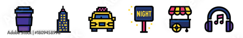 A collection of six pixel art icons representing city nightlife, including a coffee cup, skyscraper, taxi, night sign, food cart, and headphones in a vibrant color palette
