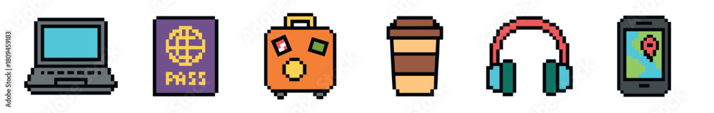 Obraz premium A vibrant collection of pixel art travel and lifestyle essentials, including a laptop, passport, rolling suitcase, coffee cup, headphones, and a smartphone with a map, presented in a retro 8-bit style
