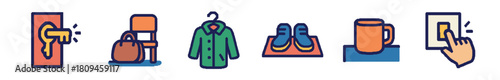 A set of colorful line art icons representing daily home routine objects and actions like a key, chair, jacket, shoes, mug, and a hand pressing a light switch
