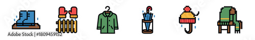 A collection of pixel art icons representing autumn and winter weather essentials, including a raincoat, umbrella, boots, mittens drying on a radiator, and a scarf