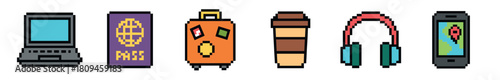 A vibrant collection of pixel art travel and lifestyle essentials, including a laptop, passport, rolling suitcase, coffee cup, headphones, and a smartphone with a map, presented in a retro 8-bit style