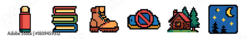 A diverse set of colorful pixel art icons in a retro 8-bit video game style, showing a candle, books, a dinosaur, a character, a forest cabin, and a starry night sky