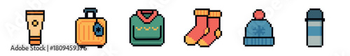 A collection of six colorful pixel art items including a pen, a suitcase, a sweater, a pair of socks, a beanie hat, and another pen, presented in a charming retro digital style