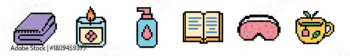A colorful horizontal arrangement of retro pixel art everyday objects, showcasing a stapler, burning candle, soap dispenser, open book, sleeping mask, and a tea mug in a charming 8-bit aesthetic