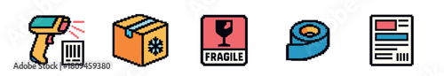 Set of retro 8-bit style logistics icons featuring a package scanner, refrigerated box, fragile sticker, packing tape, and a delivery label in a minimalist pixelated design