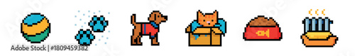 A vibrant collection of pixel art icons featuring a brown dog, an orange cat, blue paw prints, a pet carrier, a full food bowl, and a grooming comb, all rendered in a charming 8-bit style