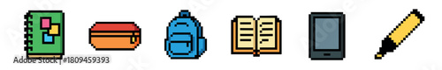 A vibrant collection of pixel art school and office supplies, including a green notebook, orange mug, blue backpack, open book, grey smartphone, and yellow pencil, rendered in a classic digital style