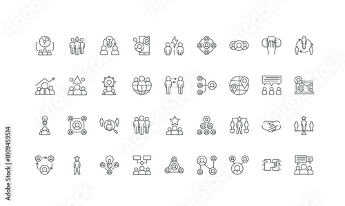 Business teamwork icons white on isolated planning project and HR, office, for concepts management group and partnership, leadership, communication, showing collection background vector illustration