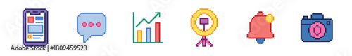 A colorful pixel art set of digital communication and content creation icons, showcasing a smartphone, chat bubble, upward trending chart, ring light, notification bell, and camera
