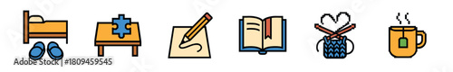 A row of colorful pixel art icons illustrating various home leisure activities and hobbies, including sleeping, puzzling, writing, reading, knitting, and enjoying a hot beverage