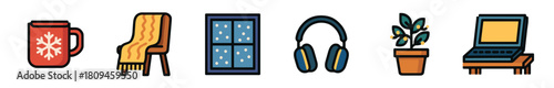 A collection of cozy winter and home-themed cartoon icons including a snowflake mug, a chair with a scarf, a snowy window, headphones, a potted plant, and a laptop on a table
