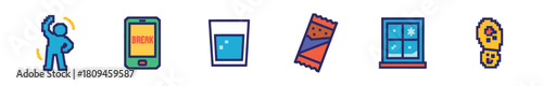 A vibrant collection of pixel art icons depicting daily routine elements including a stretching person, a smartphone with "BREAK", a glass of water, a snack bar, a window, and a footprint