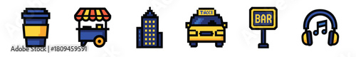 A vibrant collection of pixel art icons depicting urban elements like a coffee cup, food cart, skyscraper, taxi, bar sign, and headphones, rendered in a retro 8-bit style