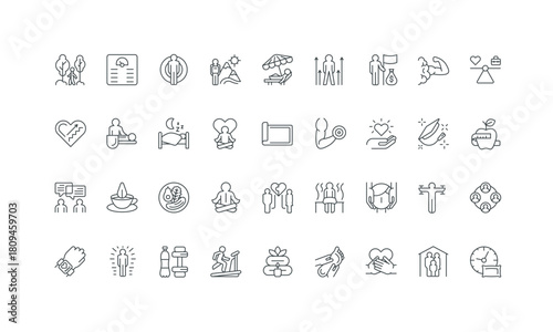 Collection of wellness, branding wellness and infographics, apps, websites, for perfect icons line self-care and nutrition, meditation, fitness, health, isolated vector illustration