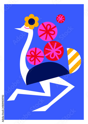 Happy ostrich bringing gifts