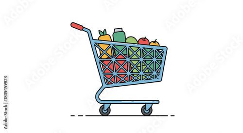 Shopping cart full of groceries, vegetables and fruits, vector illustration.