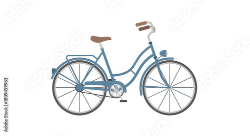 Blue bicycle with brown seat and handlebars on white.