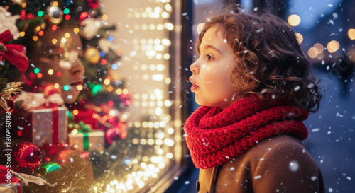 child looking at Christmas store window, decorated tree, snowfall, holiday magic, warm clothes, breath in cold air, reflection in glass